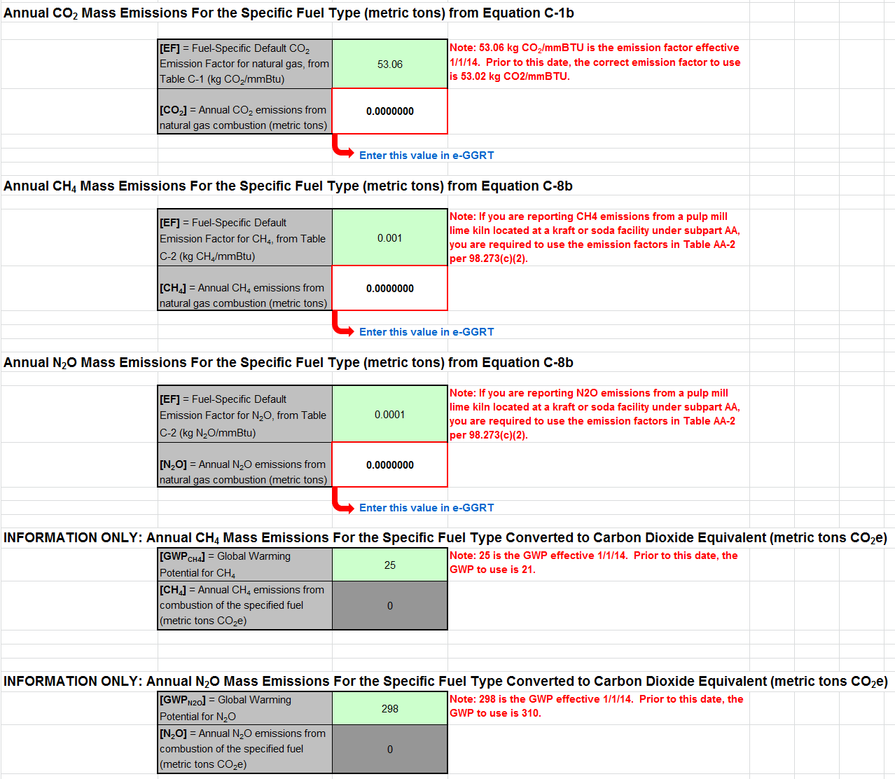 C-1b, C-8b Calculation Spreadsheet of CO2, CH4, and N2O Data Entries into the Green Cells